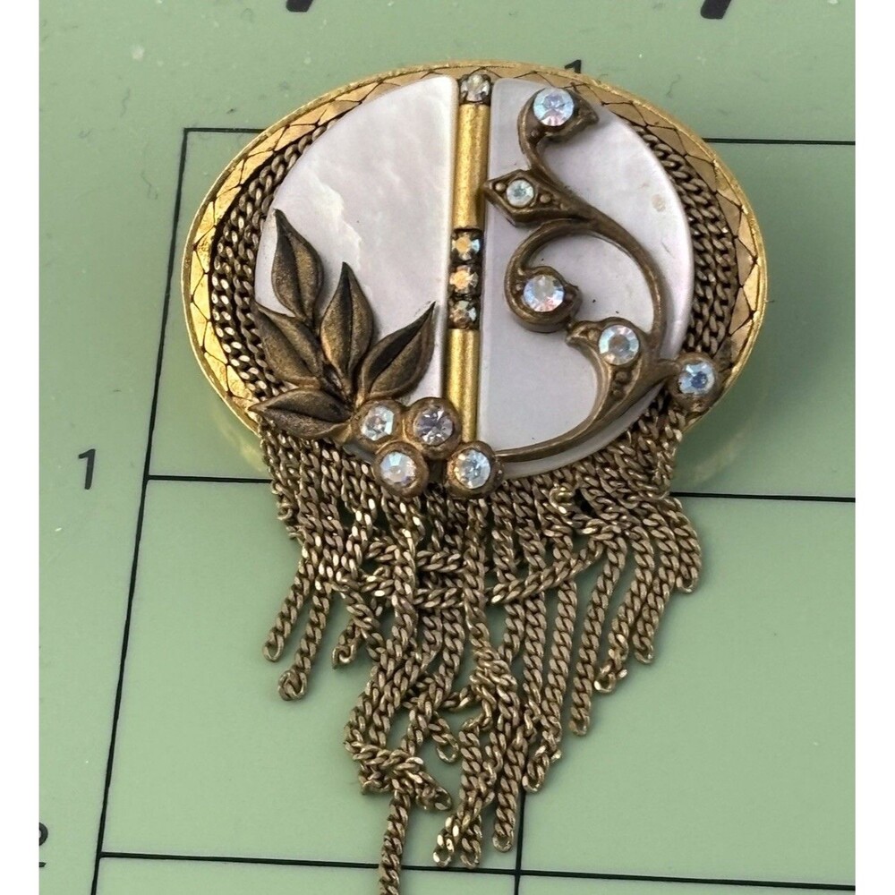 Rare MARENA Hand Made In Germany Gold Plated MOP Tassel Pendant Brooch Art Deco